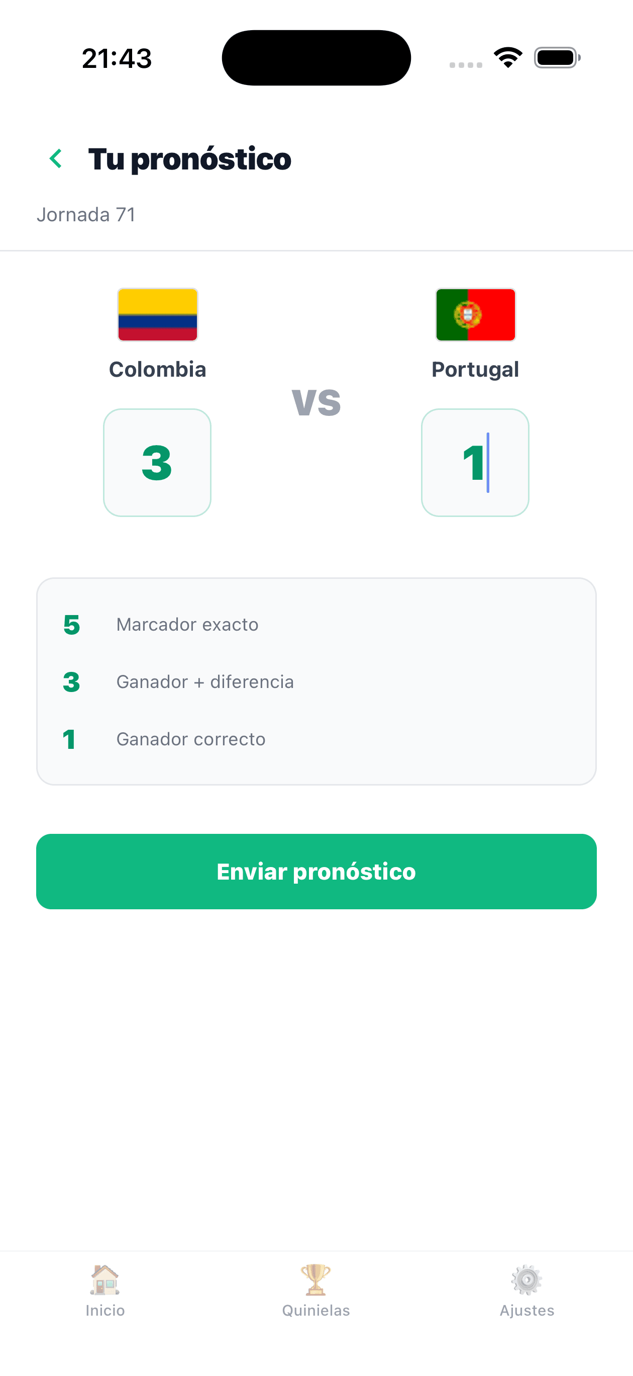 MiGol prediction screen with two teams, score inputs, and point rules