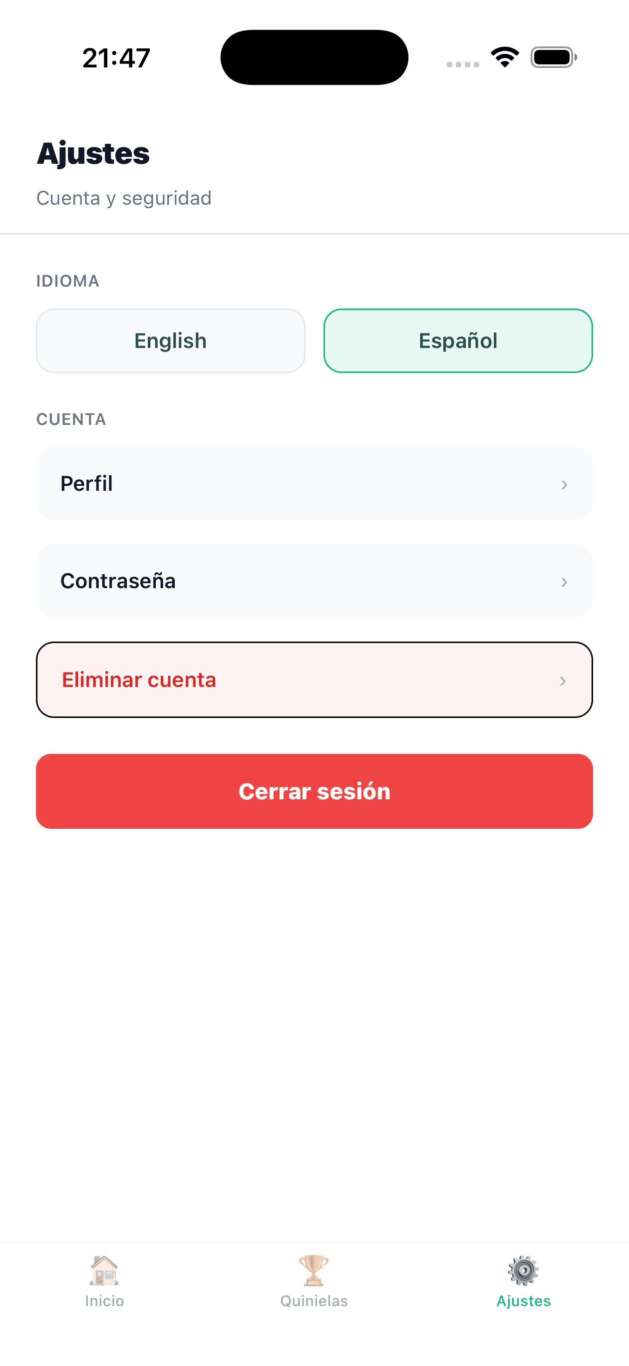 MiGol settings with English and Español language toggle and account options