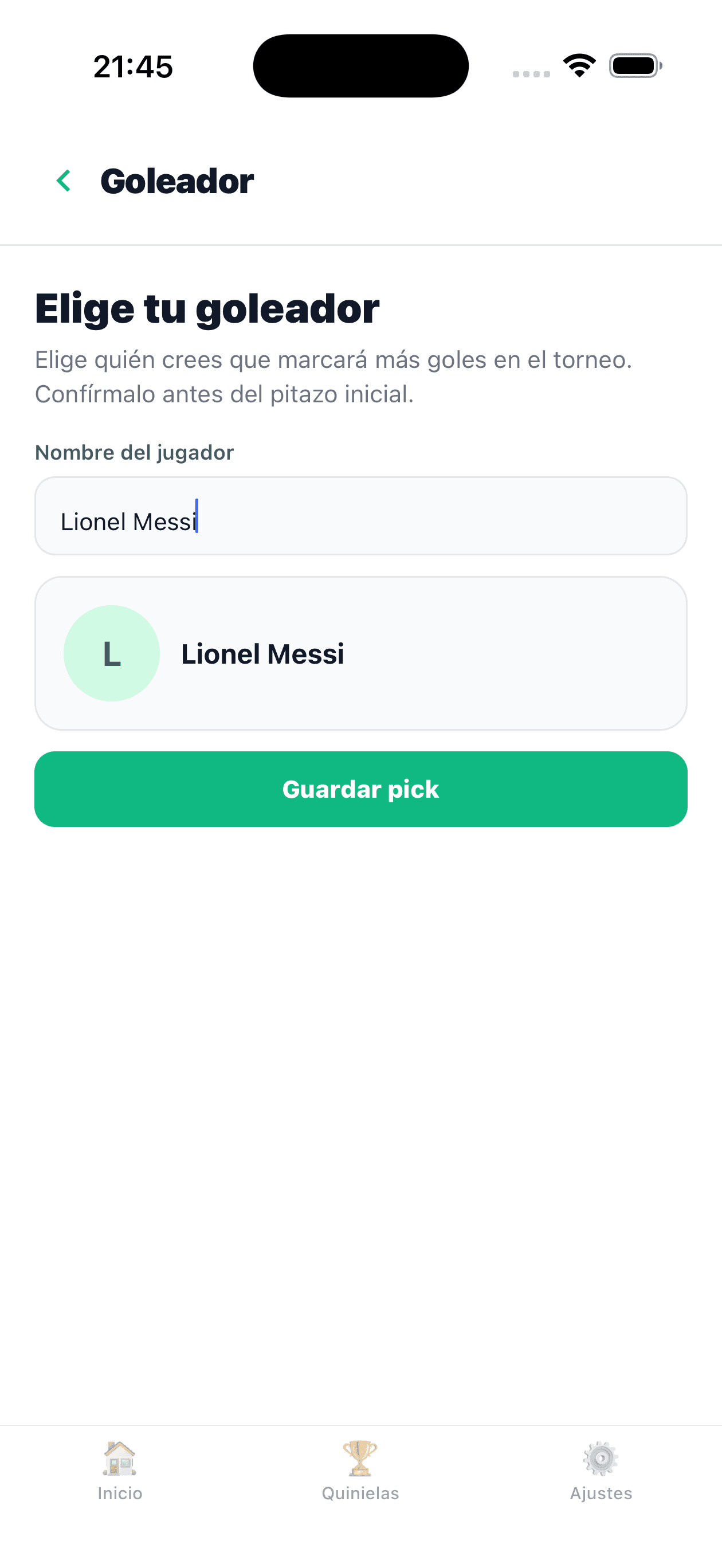 MiGol top scorer selection screen with player search